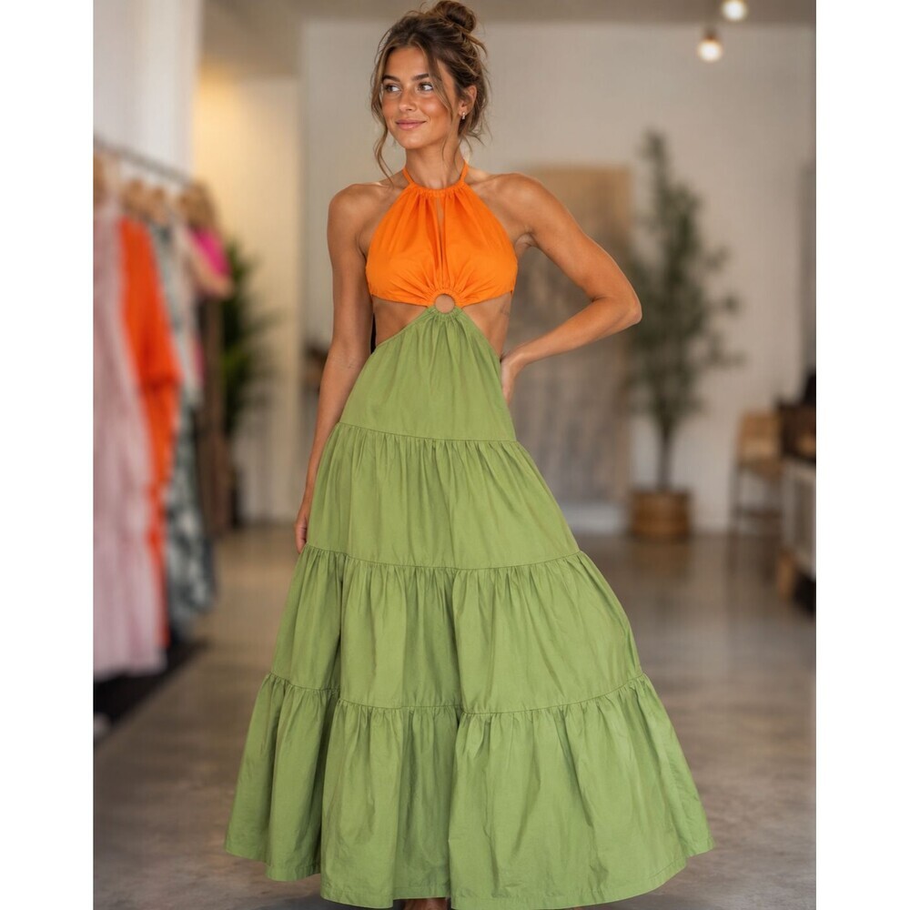 RW Francesca Olive Orange Halter Tiered Maxi Dress Womens XL NWT Boho